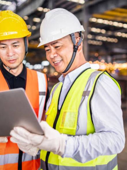 Two Asian engineers using a laptop in a factory. Two Asian engineers using a laptop in a factory.